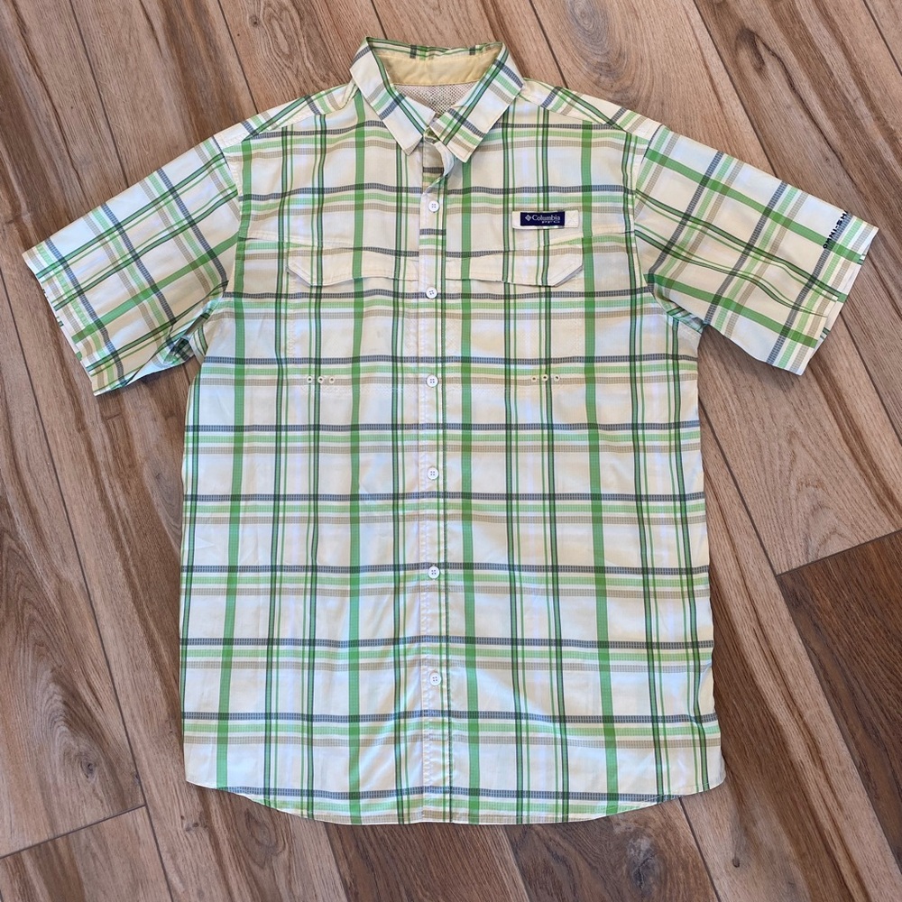 Columbia Men's Beige and Green Plaid Shirt